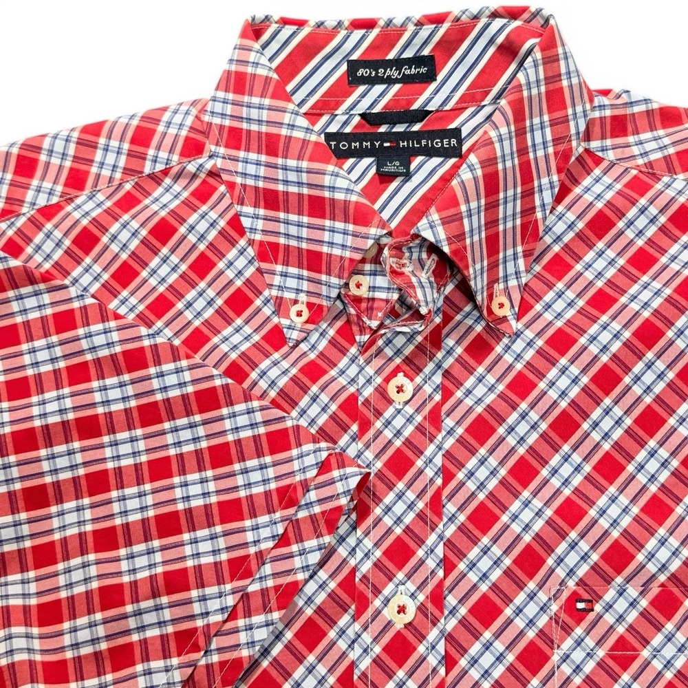 VTG Y2K Tommy Hilfiger L Crisp Red Bias Plaid Check Button Up Short Sleeve Shirt